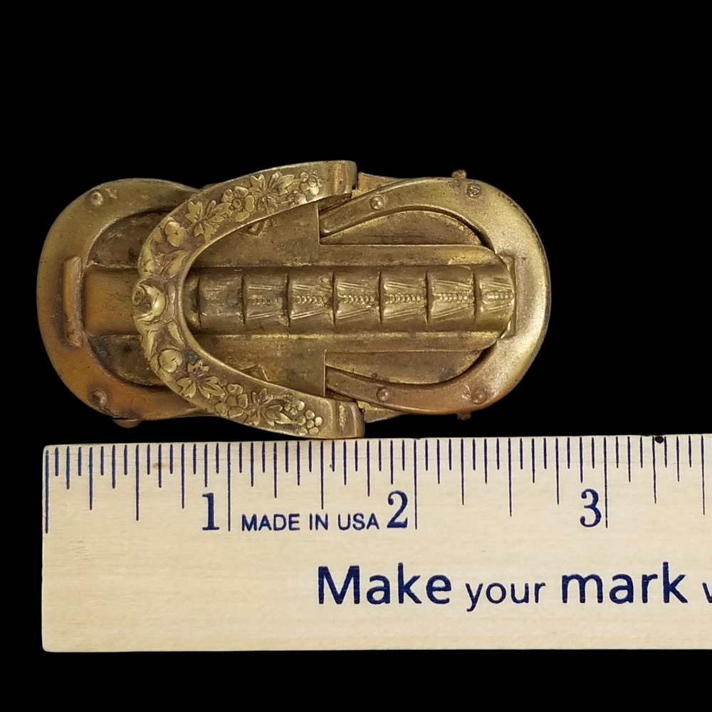 Antique Victorian Brass Horseshoe Floral Belt Buckle 2 Piece Pat 1900 Gold Tone - Picture 10 of 11